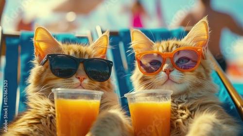 Two sunglasses-wearing cats enjoying refreshing orange juice at the beach The 14th of February. Happy Valentine's Day photo