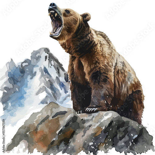 A watercolor vector painting of a grizzly bear roaring on a mountain, isolated on a white background. Grizzly bear roaring vector.

