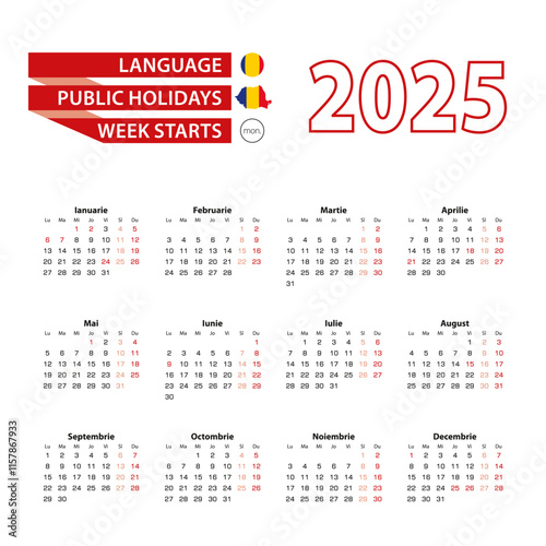 Calendar 2025 in Romanian language with public holidays the country of Romania in year 2025.