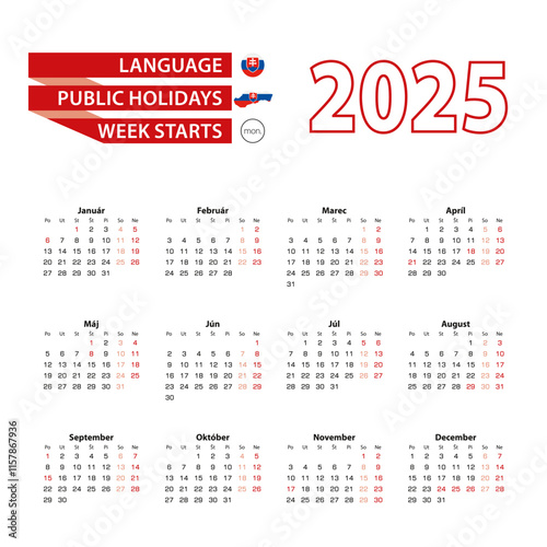 Calendar 2025 in Slovak language with public holidays the country of Slovakia in year 2025.