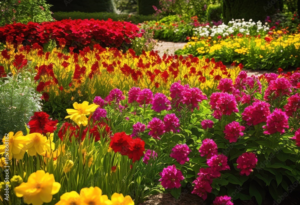stunning flower beds overflowing color under bright showcasing vibrant blooms full bloom amid lush greenery inspiring garden display, blossom, petals, flora