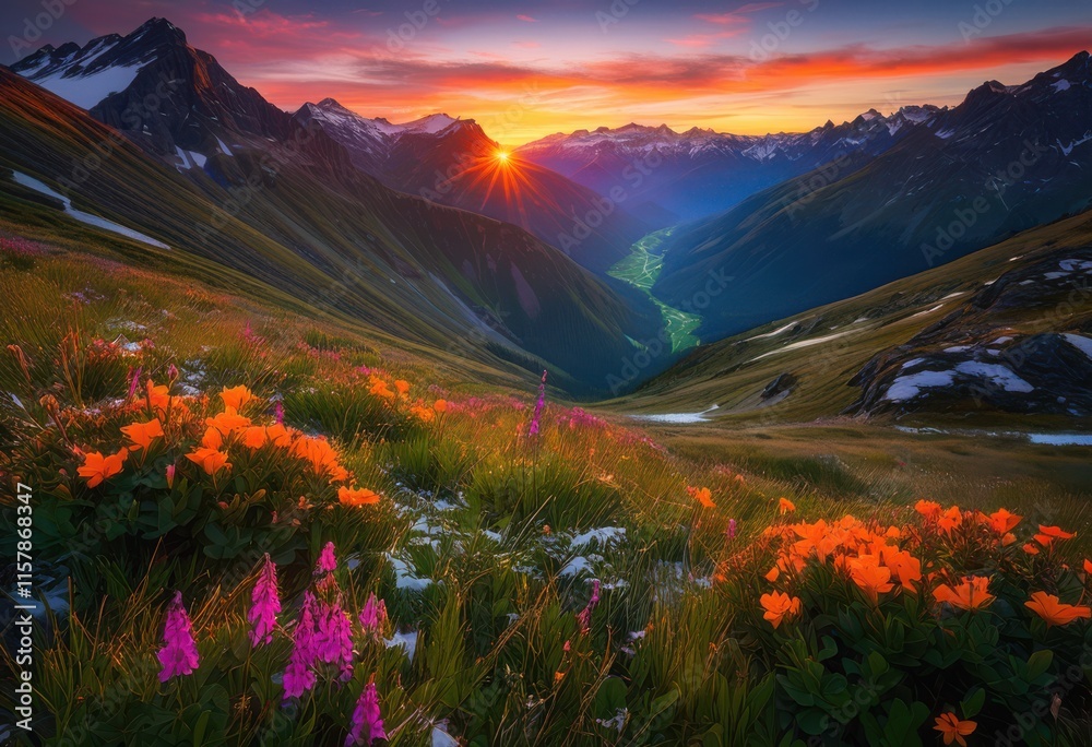 Fototapeta premium stunning vibrant sunrise illuminating untouched mountain valley landscape breathtaking natural scenery, mountains, nature, dawn, light, colors, clouds, sky