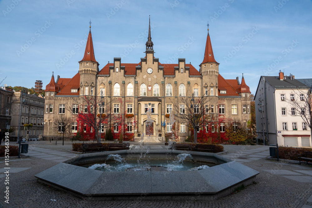 Fototapeta premium Historic building with spires and fountain in a town square during autumn in Walbrzych, Poland