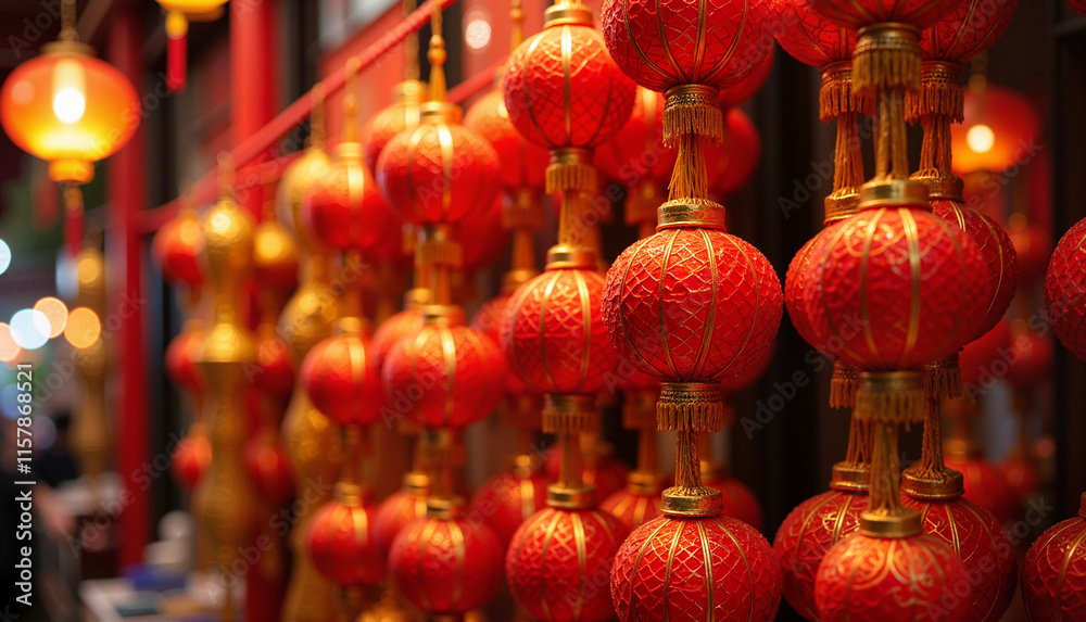 Red Chinese lanterns hanging in festive market Red Chinese lanterns hanging in festive market