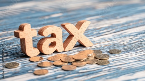 Tax preparation event with coins and wooden letters business setting close-up view finance theme photo