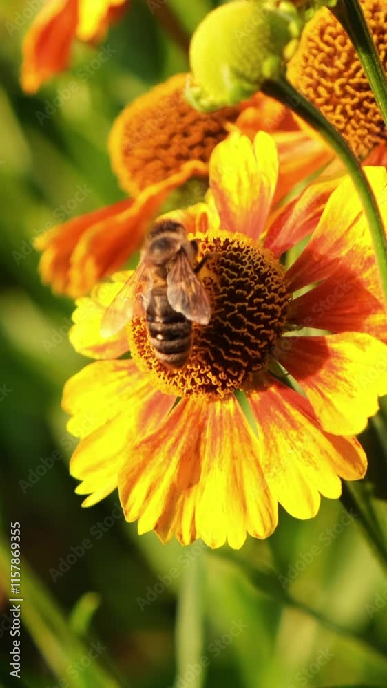 Honey bee on flower collecting pollen. Close up shot of bee collects nectar from a flower on a warm summer evening. Macro footage of bee covered with pollen pollinating flower.