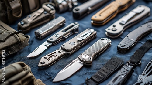 Collection of tactical knives and multi-tools displayed on dark fabric.