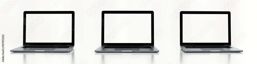 Three modern silver laptops stand on white surface. Blank screens showcase possibilities for digital content. Portable tech devices ready for various tasks. Clean minimalist design for modern Three modern silver laptops stand on white surface. Blank screens showcase possibilities for digital content. Portable tech devices ready for various tasks. Clean minimalist design for modern