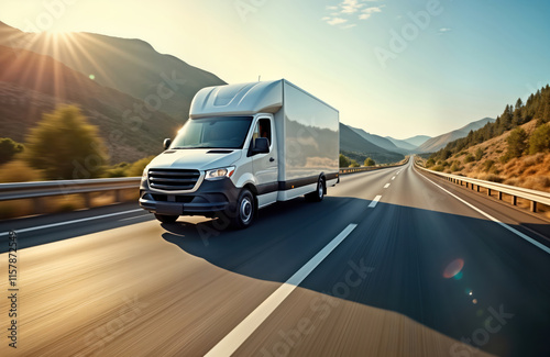 White delivery van drives fast on highway. Modern vehicle moves swiftly toward city suburb. Business transportation, logistics service. Sunny day on motorway. Express delivery. Great for business photo