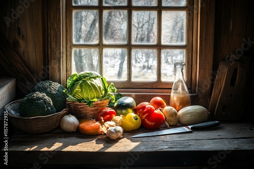 Sunlit rustic windowsill with fresh vegetables.