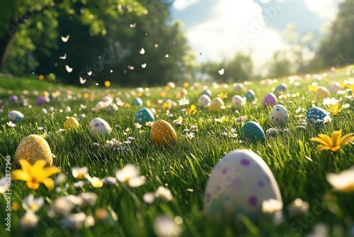 During an Easter egg hunt, children explore a sunny meadow where colorful eggs are scattered among lush grass and blooming flowers, creating a cheerful atmosphere filled with laughter photo