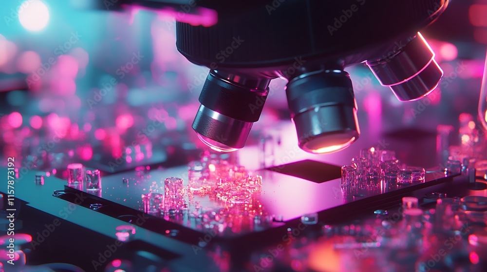 Close-up Photo: Vibrantly Lit Microscope Examining Circuit Board Detail. AI Generated Close-up Photo: Vibrantly Lit Microscope Examining Circuit Board Detail. AI Generated
