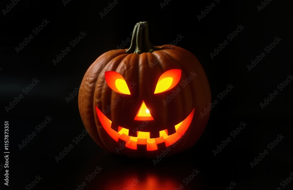 Glowing orange pumpkin head on black background. Halloween jack-o-lantern with lit eyes, mouth. Festive autumn decoration. Festive spooky holiday. Traditional Halloween. Orange pumpkin with carved Glowing orange pumpkin head on black background. Halloween jack-o-lantern with lit eyes, mouth. Festive autumn decoration. Festive spooky holiday. Traditional Halloween. Orange pumpkin with carved