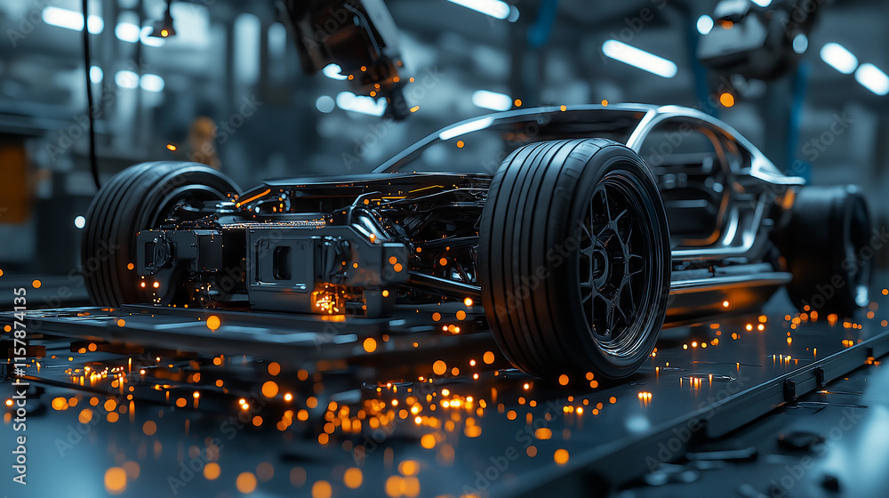 Obraz premium View of robotic arms assembling a high-tech vehicle in an industrial setting