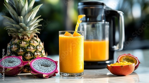 Tropical fruit smoothie pouring into glass. photo