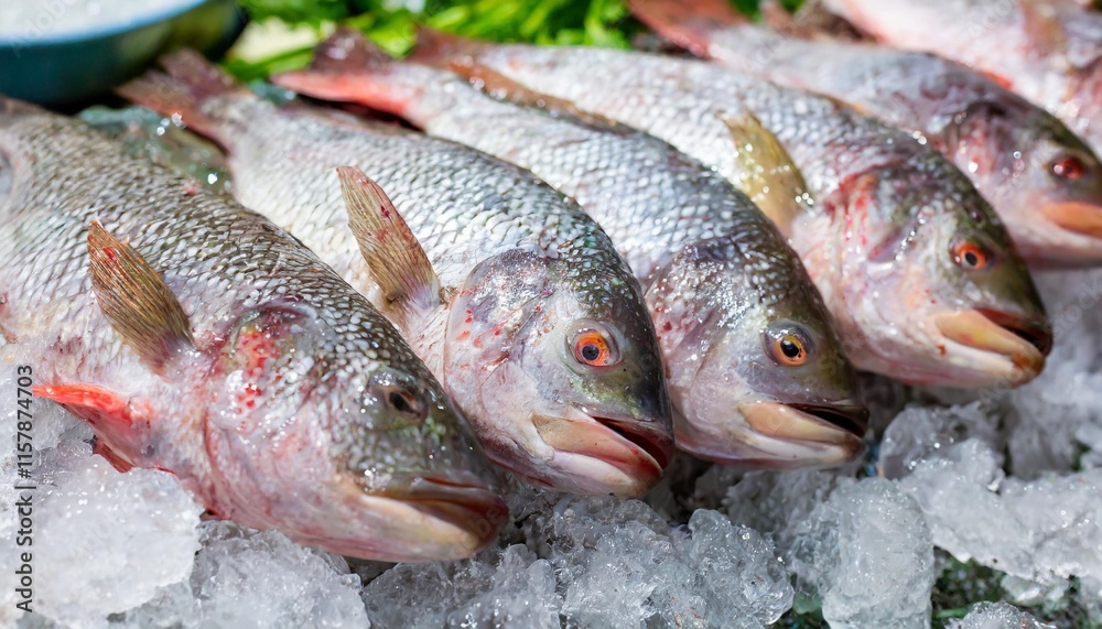 Freshly Harvested Tilapia Fish Stacked on Ice in a Traditional Fish Market Freshly Harvested Tilapia Fish Stacked on Ice in a Traditional Fish Market