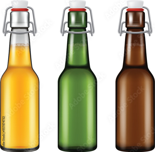 Set of three realistic looking beer bottles with swing stopper isolated on white background. Photo- realistic vector illustration.