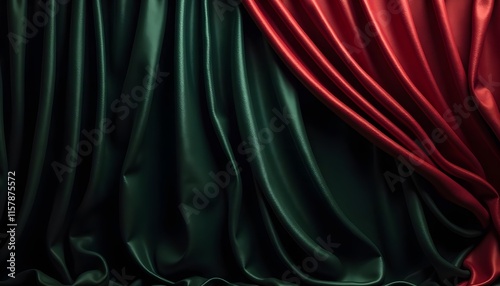 A dramatic and alluring image featuring a trio of luxurious fabrics in deep, rich hues of black, forest green, and burgundy. Silk satin fabric. Silky shine glitter. Soft folds draped wave wavy line