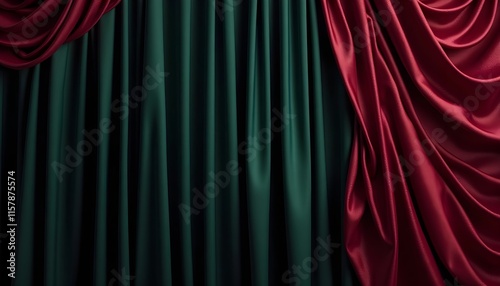 A dramatic and alluring image featuring a trio of luxurious fabrics in deep, rich hues of black, forest green, and burgundy. Silk satin fabric. Silky shine glitter. Soft folds draped wave wavy line