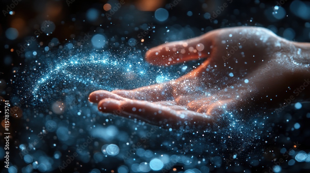 Fototapeta premium A hand appears to conjure sparkling particles, symbolizing magic and creativity.