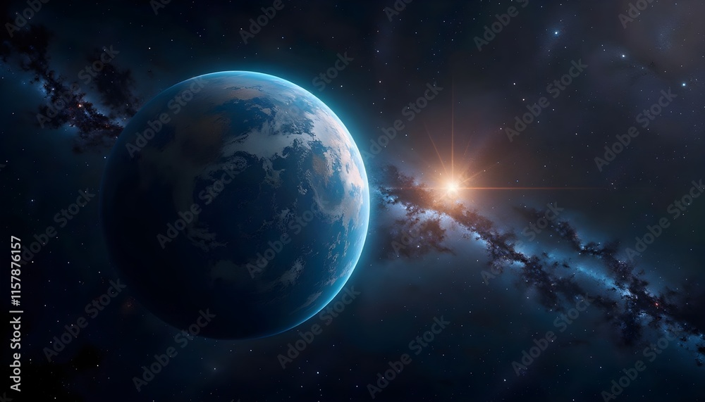 Fototapeta premium A breathtaking image of planet Earth, bathed in the warm glow of a distant star, set against a backdrop of a vast, starry cosmos 