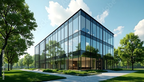 A modern, eco-friendly building covered in lush greenery. The exterior is adorned with climbing plants, creating a vibrant and sustainable aesthetic
