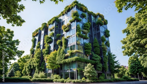 A modern, eco-friendly building covered in lush greenery. The exterior is adorned with climbing plants, creating a vibrant and sustainable aesthetic

