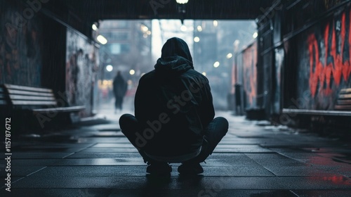 hooded figure sitting alone in a dark urban alley with graffiti walls at night  
