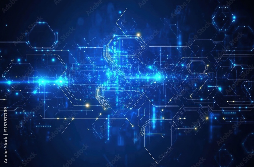Fototapeta premium Blue technological background with geometric shapes and glowing lines dark blue gradient background