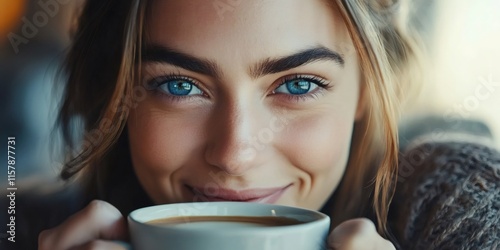 Wallpaper Mural Close up portrait of a beautiful young woman with bright blue eyes holding a cup of coffee and smiling Torontodigital.ca