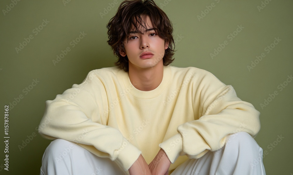 Young man with long brown hair, wearing a pale yellow sweatshirt and white pants, sitting against a muted green background. Young man with long brown hair, wearing a pale yellow sweatshirt and white pants, sitting against a muted green background.