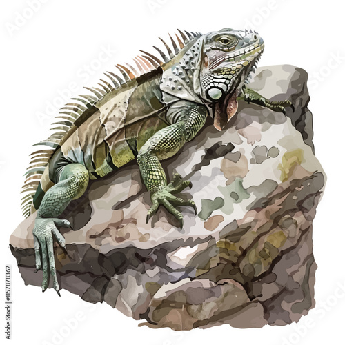 A watercolor of an iguana sunbathing on a rock, isolated on a white background. Iguana vector.
