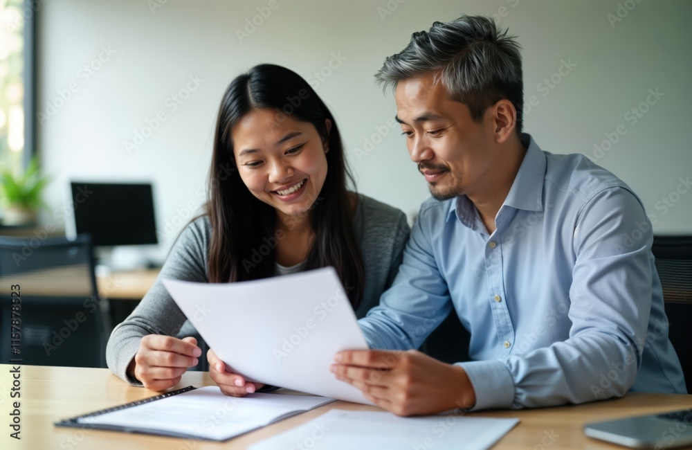 Two diverse professionals review financial documents. Asian woman, man in office setting discuss tax contract. Business partners examine paperwork. Happy, focused. Collaboration in finance sector. Two diverse professionals review financial documents. Asian woman, man in office setting discuss tax contract. Business partners examine paperwork. Happy, focused. Collaboration in finance sector.