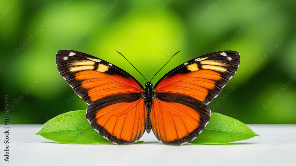 Obraz premium vibrant butterfly with orange and black wings resting on green leaves, showcasing nature beauty and intricate details