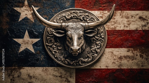 A big, detailed silver belt buckle highlights a grand longhorn silhouette set against a beautiful Texas flag background, signifying cowboy pride and state heritage. photo