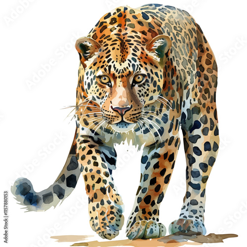 A watercolor painting of a leopard stalking its prey, isolated on a white background. Leopard vector.
