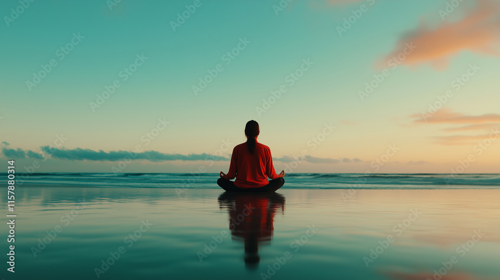 Meditating on a tranquil beach at sunrise with calm waters reflecting a vibrant sky Meditating on a tranquil beach at sunrise with calm waters reflecting a vibrant sky