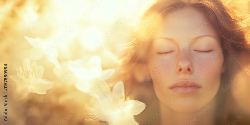 Fototapeta premium Serene woman with closed eyes, surrounded by delicate flowers, basking in the warm glow of golden sunlight