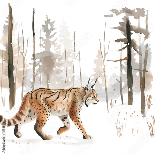 A watercolor vector of a lynx walking in a snowy forest, isolated on a white background. Lynx vector.
