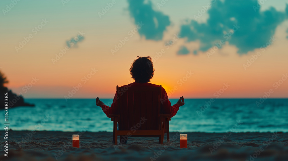 Fototapeta premium Meditating on a serene beach at sunrise while enjoying the tranquility of nature