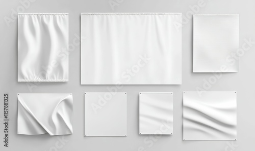 A realistic modern assortment of horizontal, vertical, and square textile advertising banners. A blank white vinyl banner template.