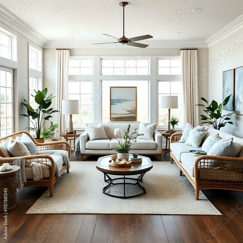 Calm Coastal Grandma Living Room with Wicker Chairs & Greenery