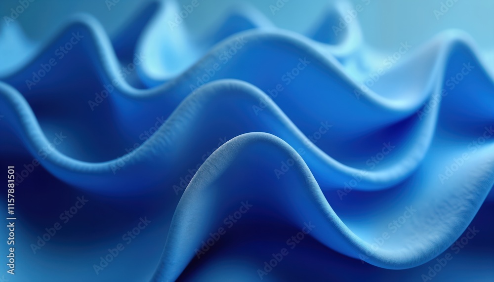 Obraz premium Abstract 3D render shows flowing blue textile. Wavy folds, textures create dynamic visual. Elegantly smooth, soft. Modern, trendy. Suitable for fashion, design, tech backgrounds. Horizontal panoramic