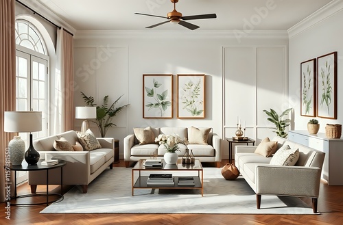 Elegant Beige Living Room with Botanical Accents