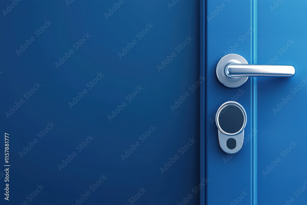 close up of blue door featuring modern electronic lock and handle, showcasing sleek design and functionality