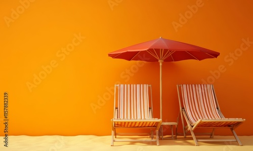 An orange summer background with two beach chairs with parasols. 3D rendering