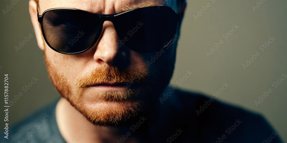 Fototapeta premium Bearded man wearing dark sunglasses, gazing intensely with confident, mysterious demeanor in dramatic close up portrait