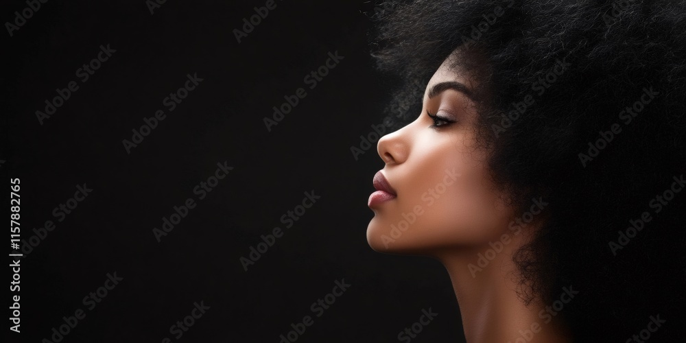 Fototapeta premium Profile of a stunning young model showcasing her beauty against a sleek black background, highlighting her elegant afro hairstyle and striking features
