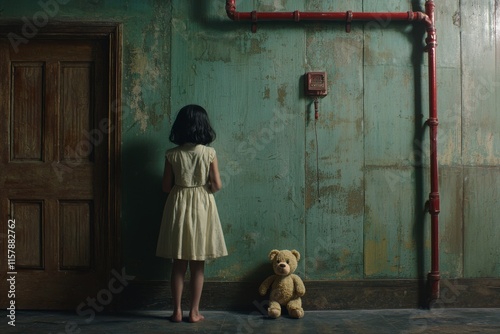 A girl with long hair, dressed in white and holding a Teddy bear, is depicted in an abandoned room. The image conveys a sense of horror and mystique. photo