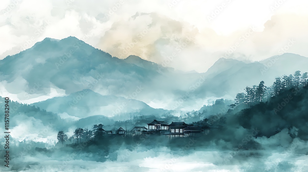 Serene Teal Mountain Landscape: Dreamy Digital Painting in a Misty, Watercolor Style. AI Generated Serene Teal Mountain Landscape: Dreamy Digital Painting in a Misty, Watercolor Style. AI Generated